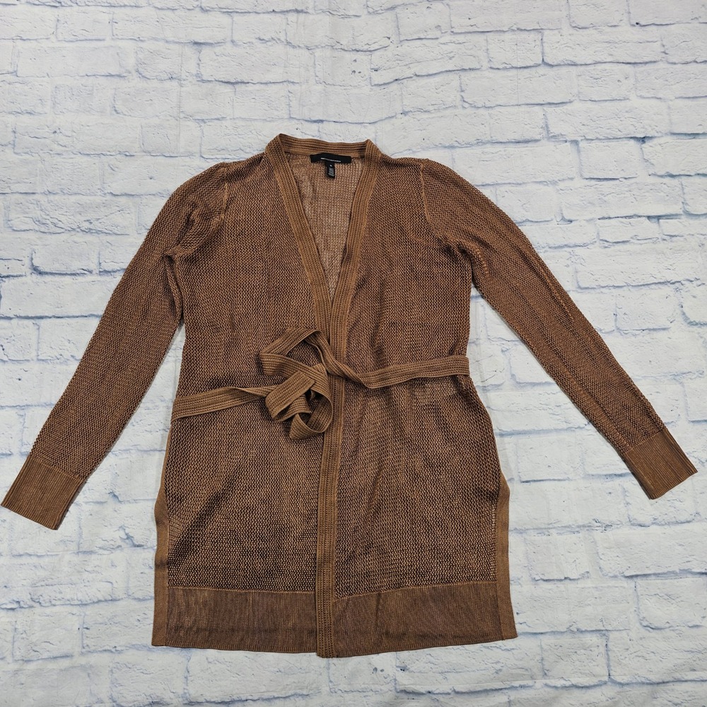 White House Black Market Cardigan WOMEN M Copper Open Knit Tie Wrap Sweater